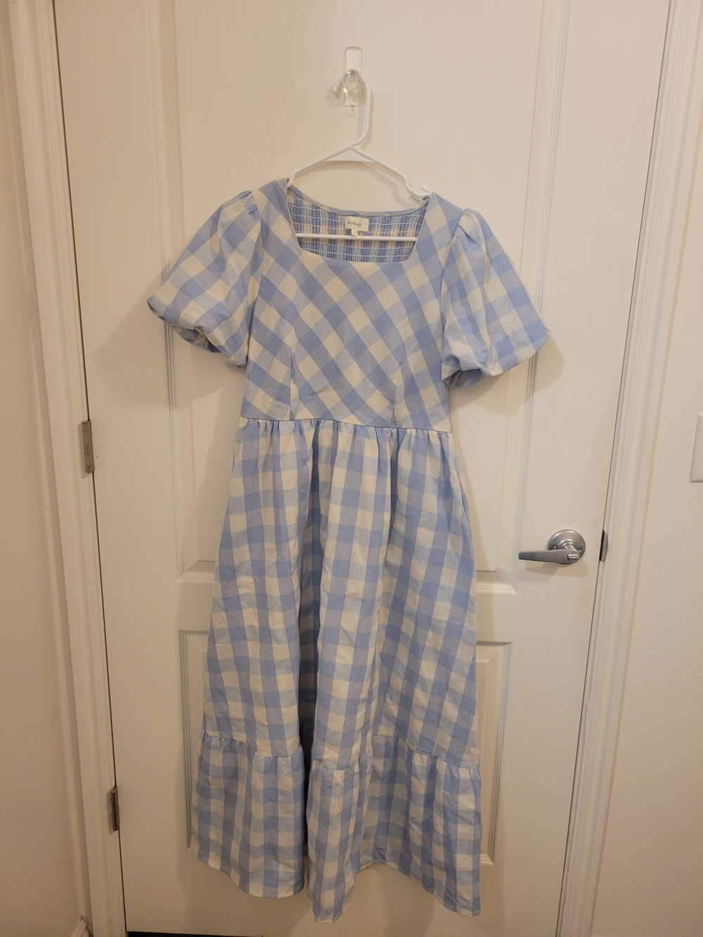 bohme Light Blue and White Gingham Puff Sleeve Midi Dress